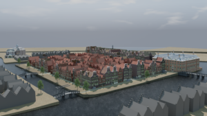 Reconstruction of Vlooienburg from the viewpoint of the Zuiderkerkertoren, late 17th c. 