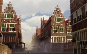 Photorealistic atmospheric render of the Lange Houtstraat at the crossroads with the Korte Houtstraat, looking at the Leprozengracht