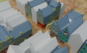 3D models of the 18th century Bloemstraat, colours indicating degrees of confidence based on the quality of the historical sources.