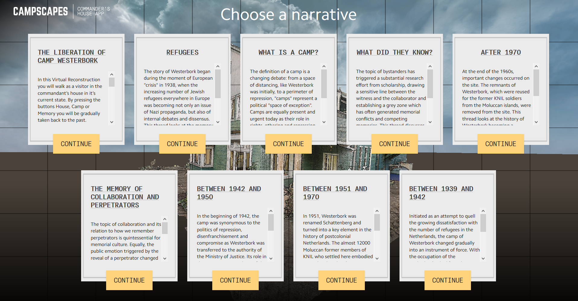 Selection screen for narratives, covering different perspectives on the Commander's house.