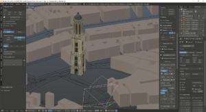 The architectural scale model of the tower placed in 3D environment used to position and match cameras.