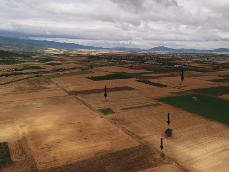 A drone photo of the Voulokaliva looking in western direction with the nearby village of Neos Platanos beyond the highway, several arrows indicate visible tumulus sites