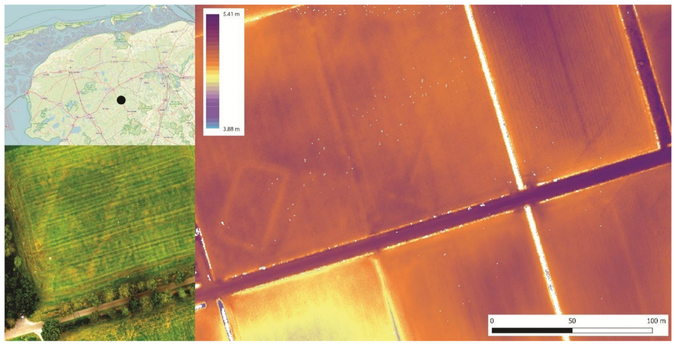 The site of Siegerswoude as it is located in the Netherlands, together with optical imagery and AHN3 height data.